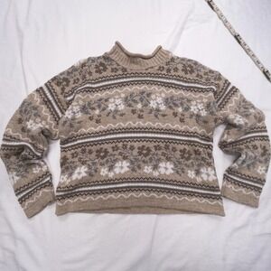 Private Eyes Made in USA Fair Isle Sweater Women's Small Beige Floral Mock Neck